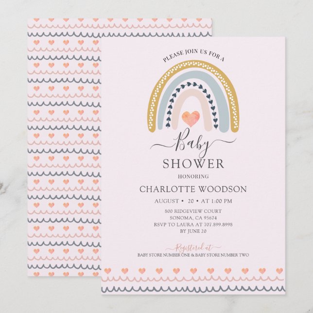 Invitation Boho Aquarelle arc-en-ciel Baby shower rose (Devant / Derrière)