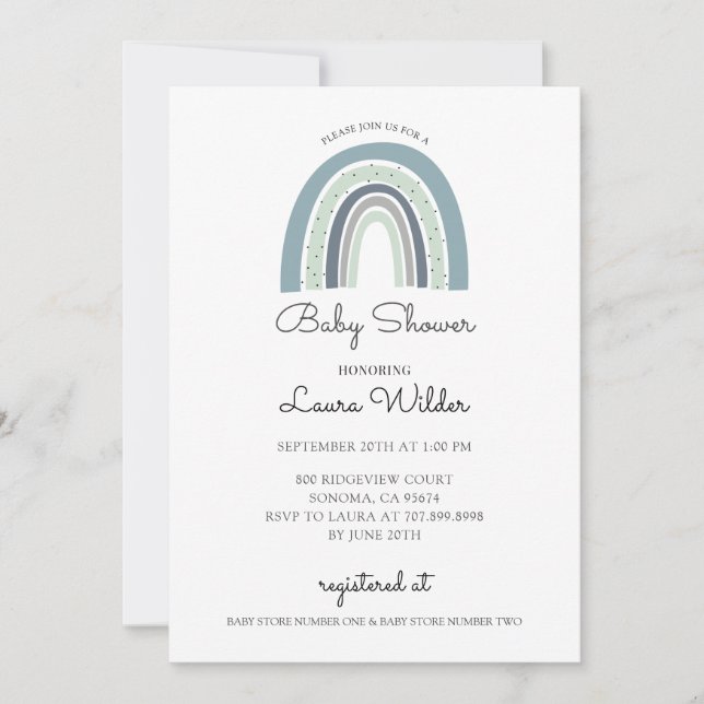 Invitation Boho Aquarelle arc-en-ciel Bleu bébé garçon douche (Devant)