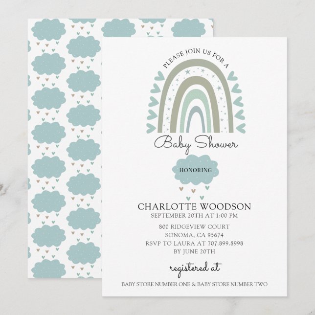 Invitation Boho Aquarelle arc-en-ciel Bleu bébé garçon douche (Devant / Derrière)