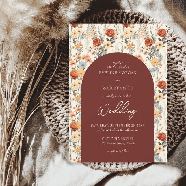 Invitation Boho aquarelle automne arche de fleurs sauvages (Boho watercolor autumn wild flowers arch invitation)