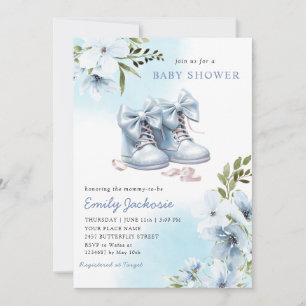 Invitation Boho Aquarelle Bleu Baby Chaussures Baby shower fl
