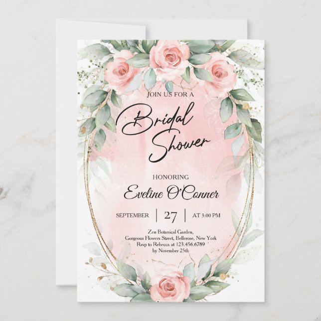 Invitation Boho aquarelle bleu fleurs eucalyptus or (Devant)
