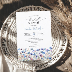 Invitation Boho aquarelle bleu poussiéreux et violet fleurs s