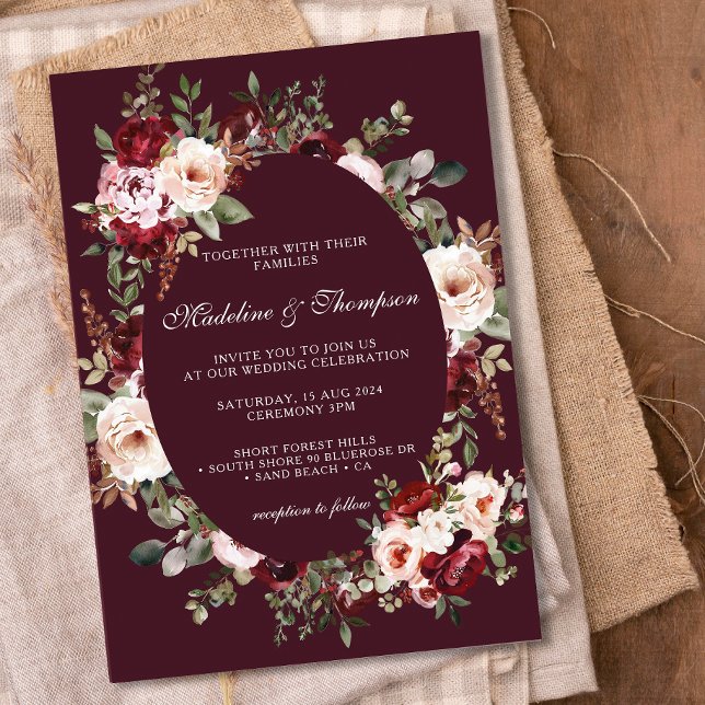Invitation Boho Aquarelle Bourgogne Rouge Mariage de cadre Fl (Créateur téléchargé)