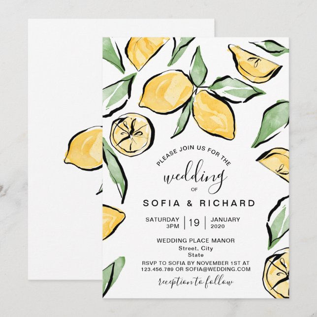 Invitation Boho Aquarelle Citron Citrus Verdure été (Devant / Derrière)