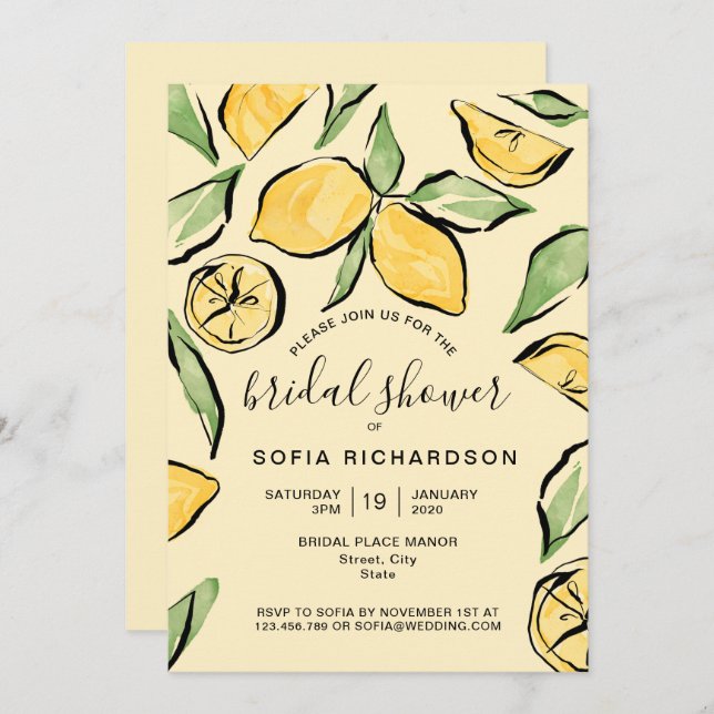 Invitation Boho Aquarelle Citron Citrus Verdure été (Devant / Derrière)