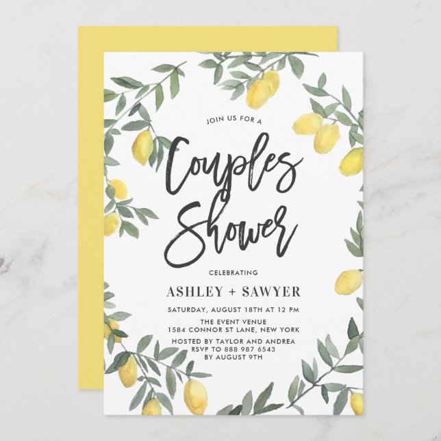 Invitation Boho Aquarelle Citron Wreath Couples Douche (Devant / Derrière)