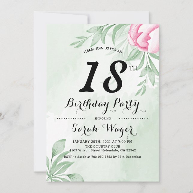 Invitation Boho Aquarelle Eucalyptus Feuilles 18e anniversair (Devant)