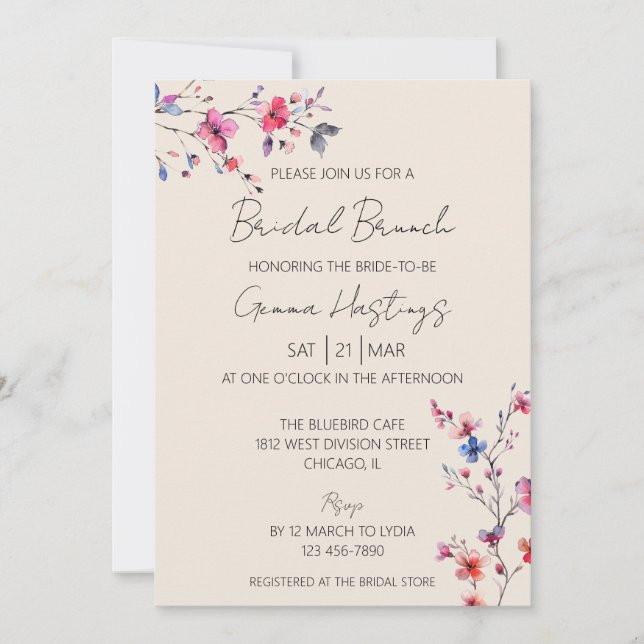 Invitation Boho Aquarelle Fleur Sauvage Beige Brunch de Maria (Devant)