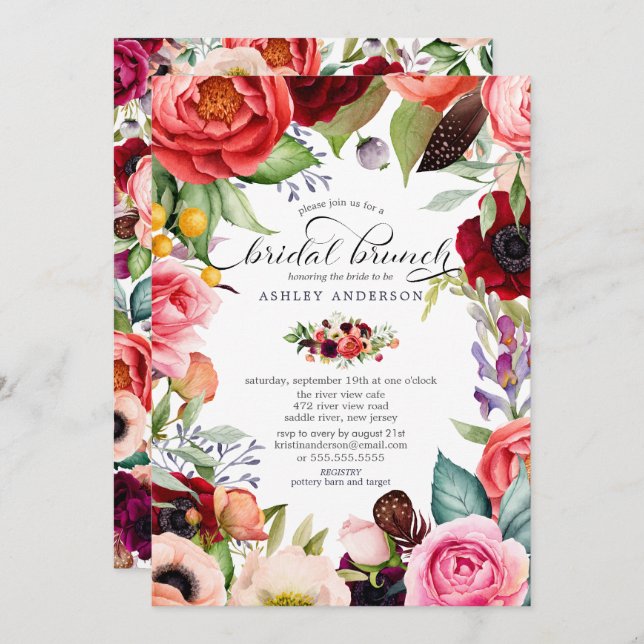 Invitation Boho aquarelle floral brunch de mariage (Devant / Derrière)