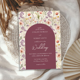 Invitation Boho aquarelle marron ivoire violet fleurs sauvage