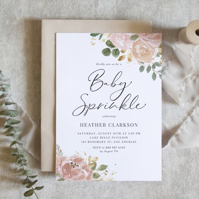 Invitation Boho Aquarelle Mauve Peach Fleurs Baby Sprinker (Customizable floral baby sprinkle invitation featuring peach flowers, greenery and faux gold foil)
