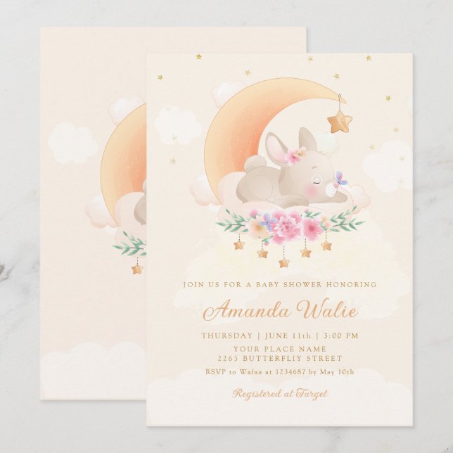 Invitation Boho Aquarelle moderne Jote Bunny Girl Baby shower (Devant / Derrière)