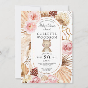 Invitation Boho Aquarelle Ours en peluche Baby shower rose fl