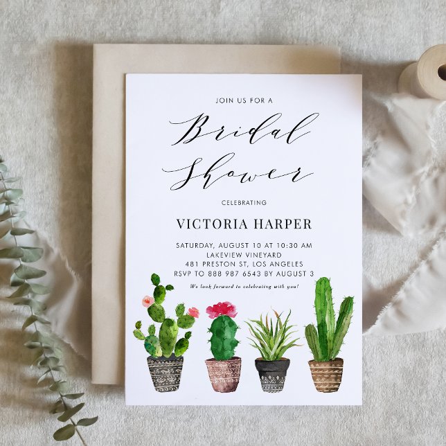 Invitation Boho Aquarelle Poted Cactus Fête des mariées d'été (Créateur téléchargé)