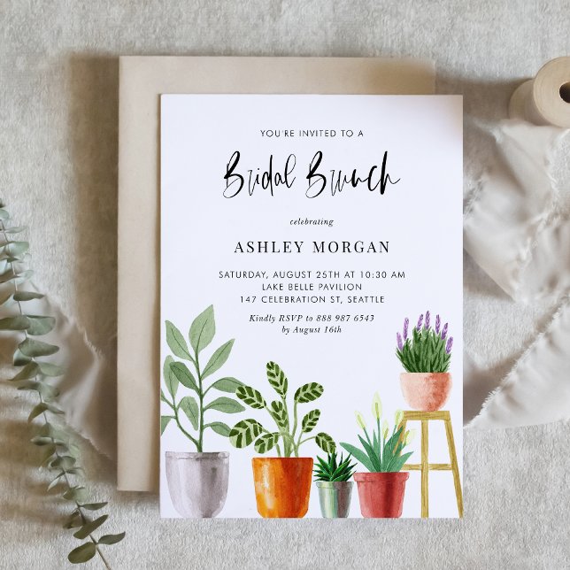 Invitation Boho Aquarelle Poted Plante Bridal Brunch (Customizable boho bridal brunch invitation featuring watercolor potted houseplants. )