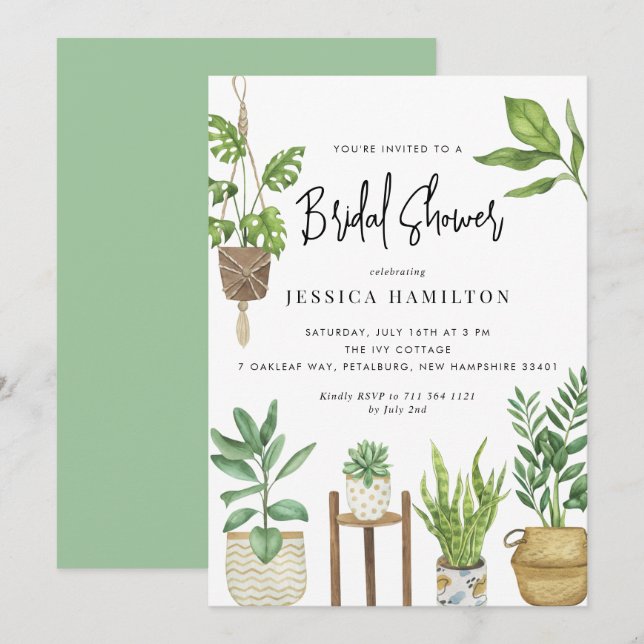 Invitation Boho Aquarelle Poteté Fête des mariées Plante (Devant / Derrière)