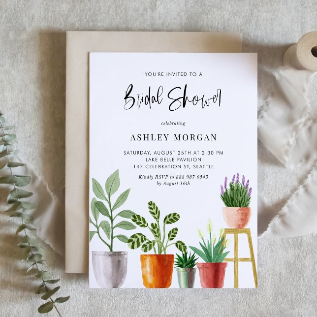 Invitation Boho Aquarelle Poteté Fête des mariées Plante (Customizable boho bridal shower invitation featuring watercolor potted houseplants. )