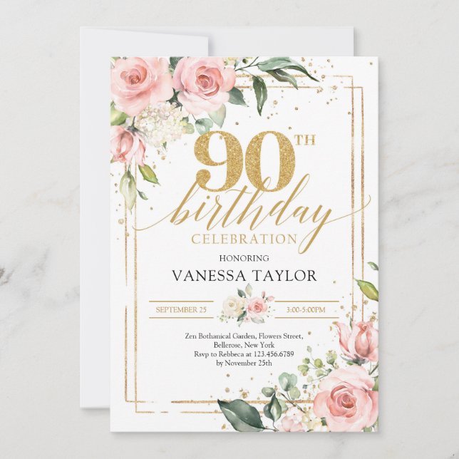 Invitation Boho aquarelle rose et or vert fleuri 90e (Devant)