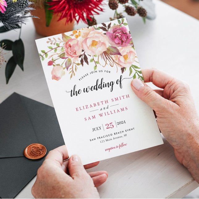 Invitation Boho Aquarelle rose Peony Floral Russe Mariage (Créateur téléchargé)