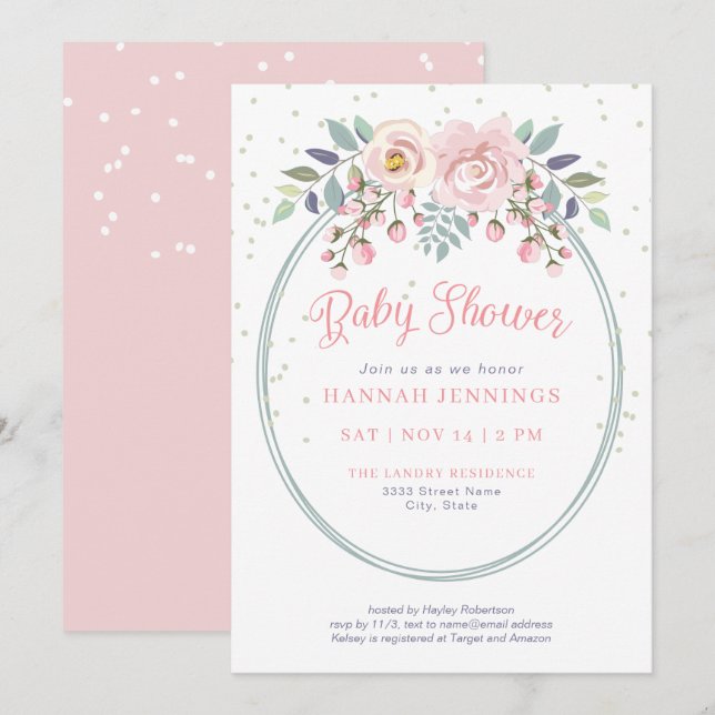 Invitation Boho Aquarelle rose Sage Vert Baby shower Floral (Devant / Derrière)
