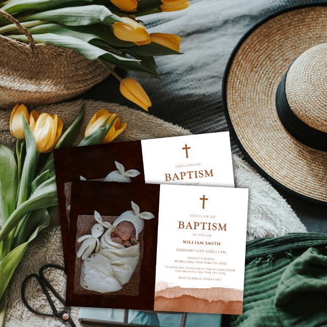 Invitation Boho Aquarelle Terracotta Désert Photo Baptême (Boho Watercolor Terracotta Desert Photo Baptism Invitation)