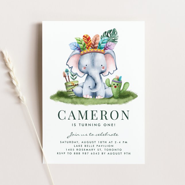 Invitation Boho Aquarelle Tribal Elephant Premier Anniversair (Créateur téléchargé)