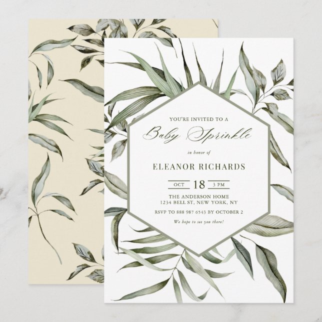 Invitation Boho Aquarelle Verdure Cadre Automne Baby Sprinkle (Devant / Derrière)