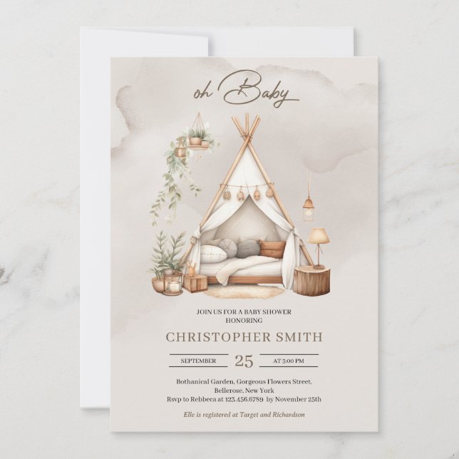 Invitation Boho aquarelle vert et brun bébé tente neutre (Devant)