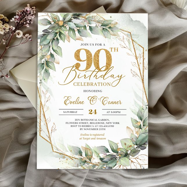 Invitation Boho aquarelle vert eucalyptus 90e anniversaire (Elegant boho eucalyptus greenery gold glitter number 90th birthday invitation digital)