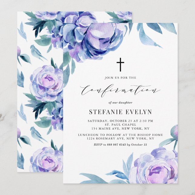 Invitation Boho Aquarelle Violet Peony Flowers Confirmation (Devant / Derrière)