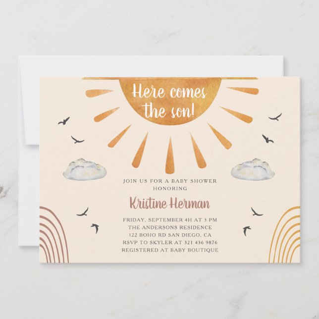 Invitation Boho Aquarelle voici le Baby shower Son (Devant)