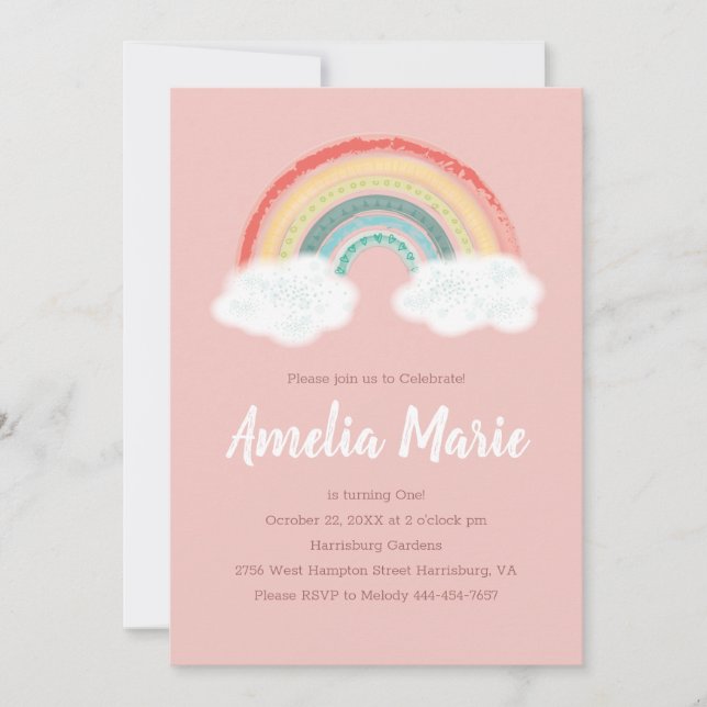 Invitation Boho Arc-en-ciel 1er anniversaire fête Rose fille (Devant)