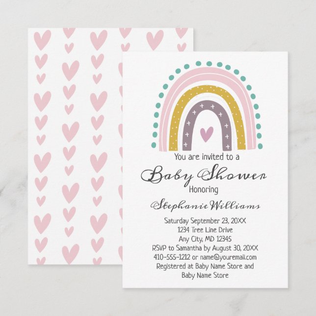 Invitation Boho Arc-en-ciel Coeurs rose pourpre Turquoise béb (Devant / Derrière)