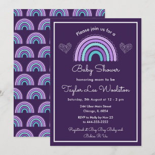 Invitation Boho arc-en-ciel violet et Baby shower bleu turquo