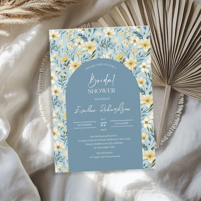 Invitation Boho arch aquarelle jaune bleu poussiéreux fleurs  (Boho arch watercolor yellow dusty blue wildflowers invitation)