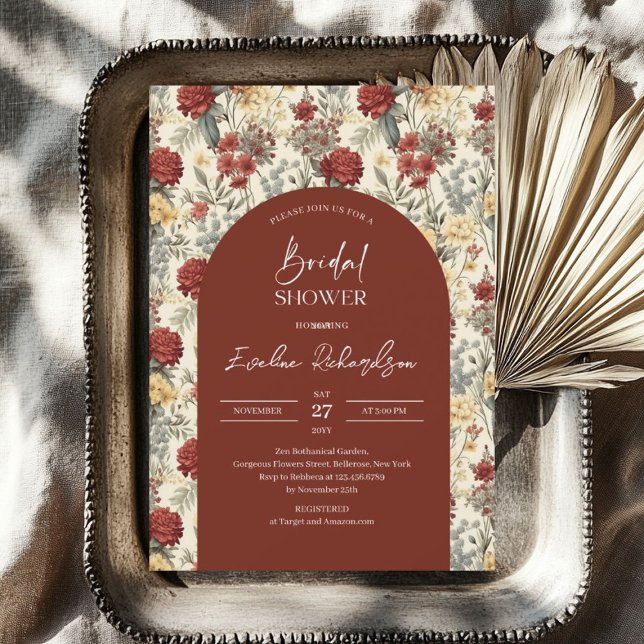 Invitation Boho arch aquarelle terracotta ivoire fleurs sauva (Boho arch watercolor terracotta ivory wildflowers invitation)