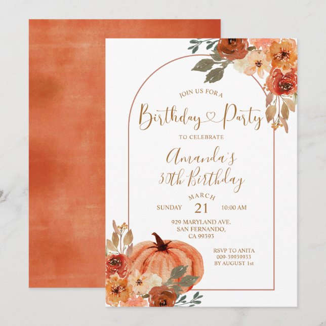 Invitation Boho Arch automne citrouille anniversaire 30 ans f (Devant / Derrière)