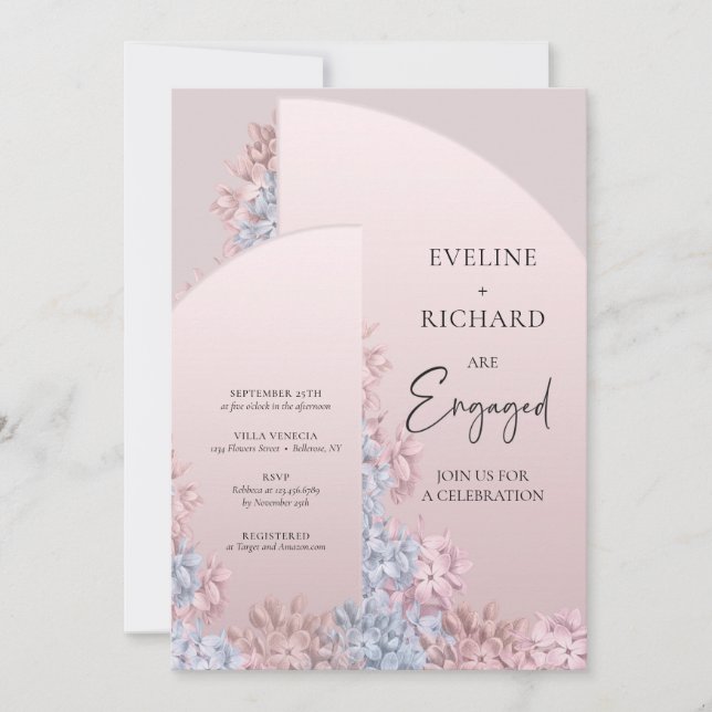 Invitation Boho arch cadre rose pâle bleu fiançailles (Devant)