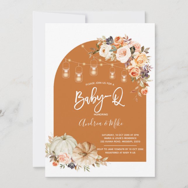 Invitation Boho Arch Citrouille d'automne Baby shower BabyQ (Devant)