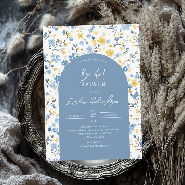 Invitation Boho arch coloré bleu clair fleurs sauvages (Boho arch colorful light blue yellow wildflowers invitation)