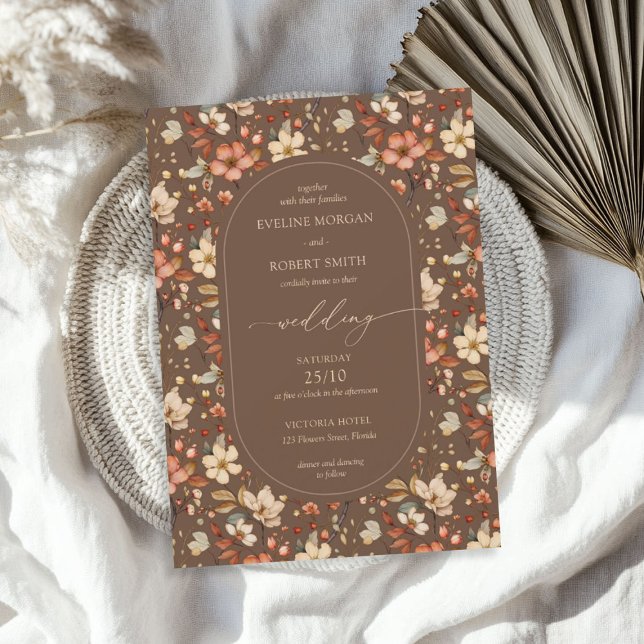 Invitation Boho Arch Fall terre cuite brun rouille fleurs sau (Boho Arch Fall terracotta brown rusty wildflowers Invitation)