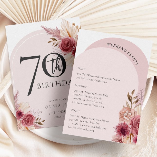 Invitation Boho Arch Fleurs roses Week-end Anniversaire (Créateur téléchargé)