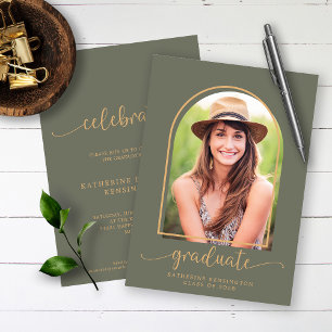 Invitation Boho Arch Minimaliste Vert Or Photo Remise de dipl