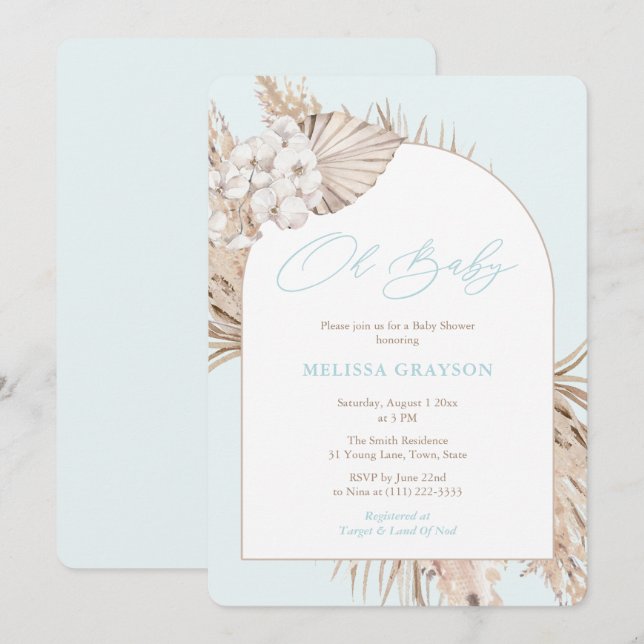 Invitation Boho Arch Pampas Grass Baby shower garçon bleu cla (Devant / Derrière)
