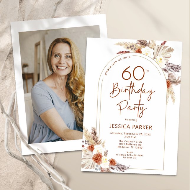 Invitation Boho Arch Terracotta Photo 60e anniversaire (Créateur téléchargé)