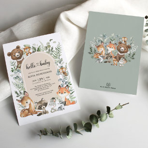 Invitation Boho Arch Végétal Bois Baby shower Animaux