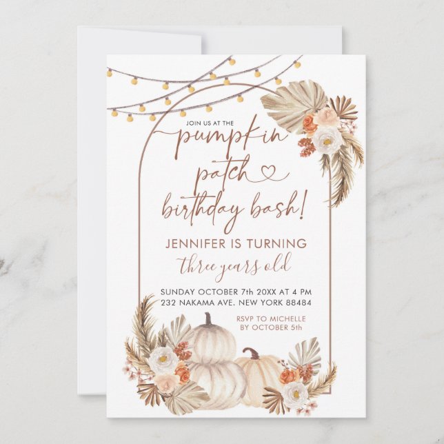 Invitation Boho Automne Citrouille Patch Anniversaire Bash In (Devant)