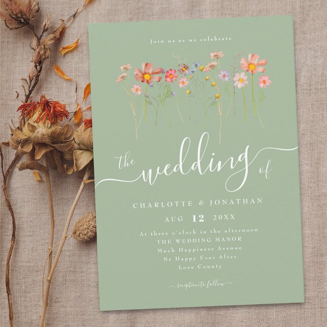 Invitation Boho Automne Fleur Sauvage Sauge Vert (Boho fall Wildflower rustic floral sage green Wedding invitation Watercolor whimsical garden flowers)