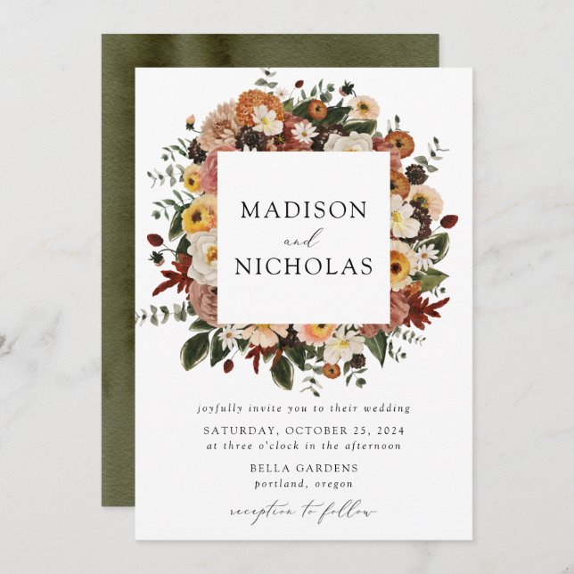 Invitation Boho Automne Floral Frame Mariage (Devant / Derrière)